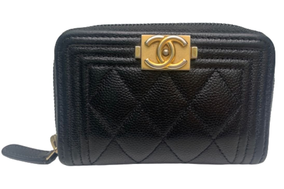 CHANEL Black Quilted Caviar Leather Boy Zip Around Coin Purse